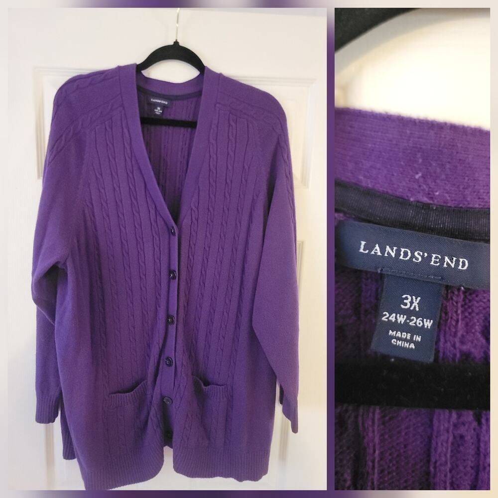 Lands' End Sweater Cardigan SZ 3X Cable Knit Wool Cotton Cozy Timeless Purple